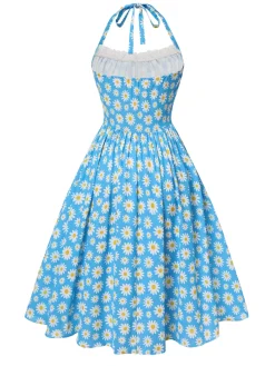 Outlet Retro Stage 1950s Halter Lace Daisy Dress Blue