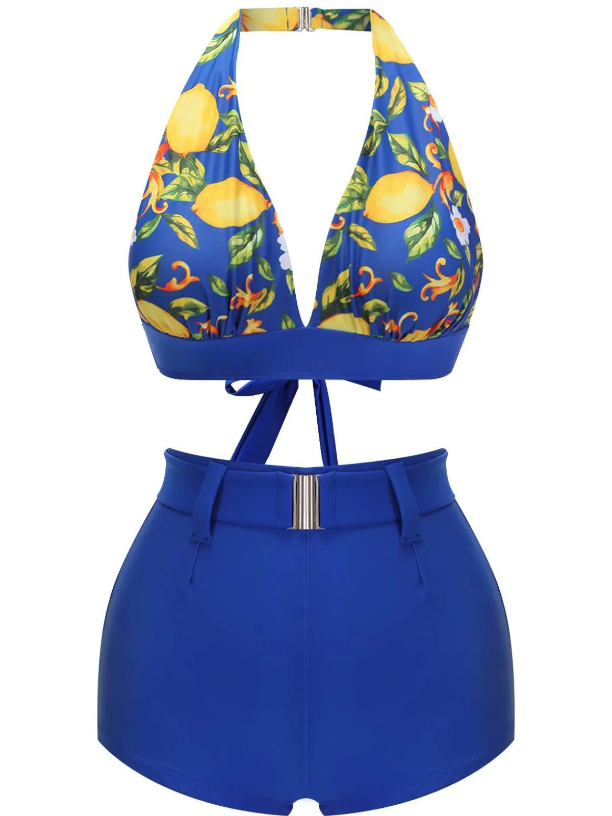 Online Retro Stage 1930s Halter Lemon Belted Swimsuit Blue