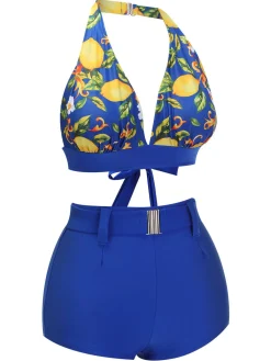 Online Retro Stage 1930s Halter Lemon Belted Swimsuit Blue