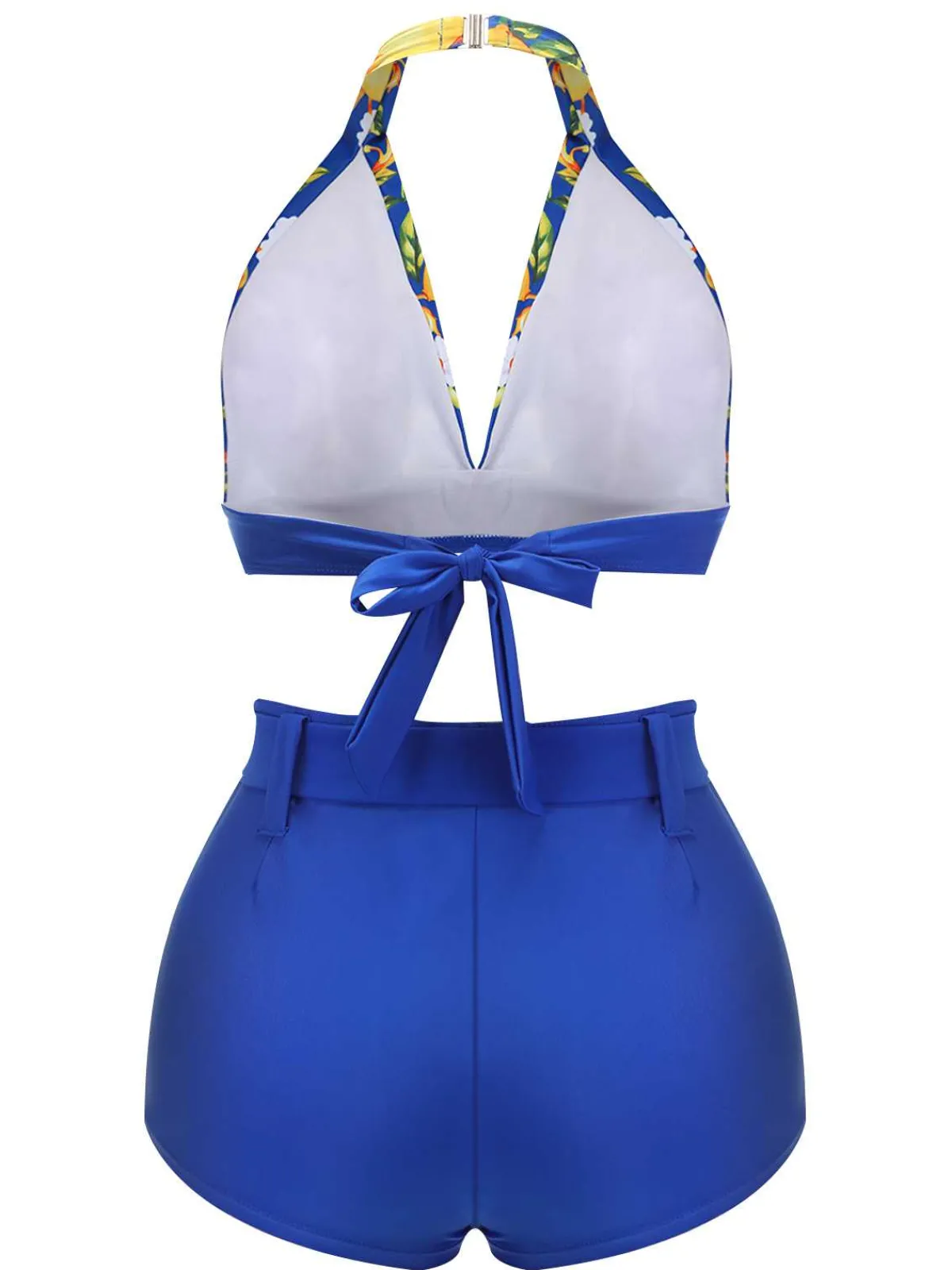 Online Retro Stage 1930s Halter Lemon Belted Swimsuit Blue