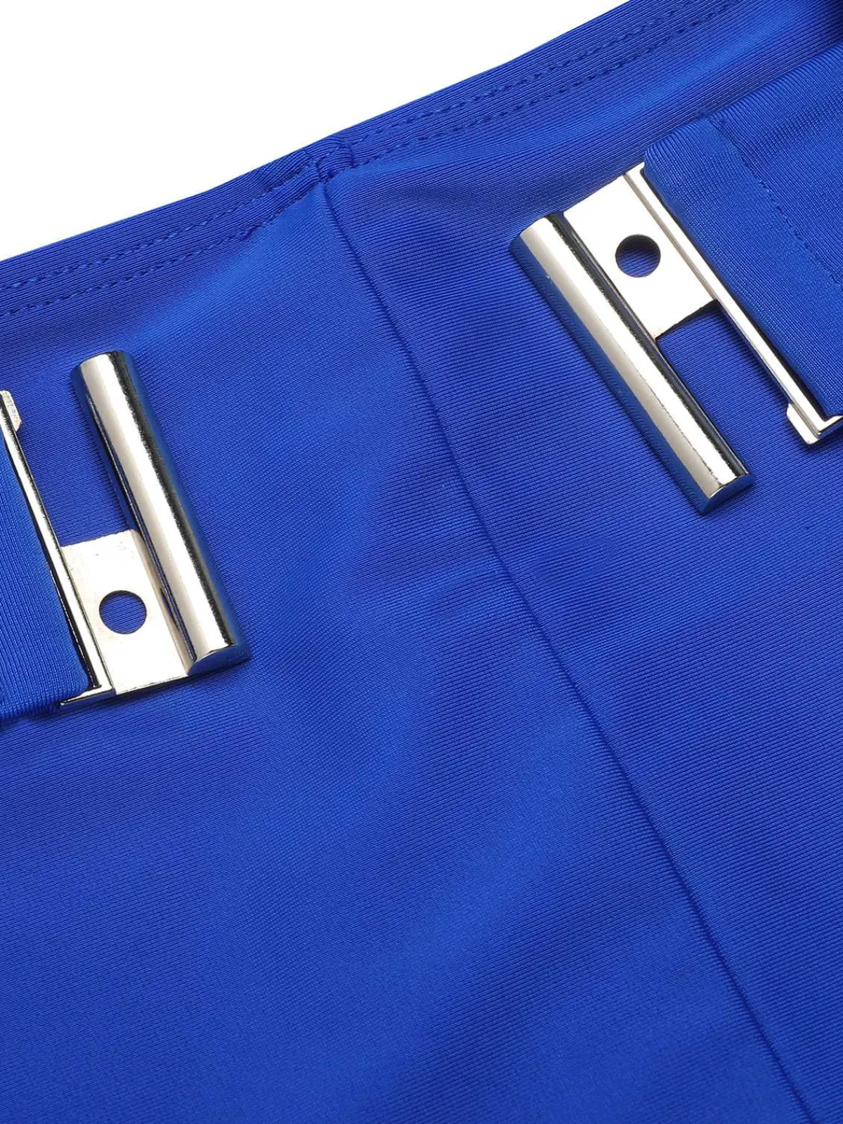 Online Retro Stage 1930s Halter Lemon Belted Swimsuit Blue