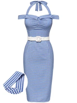 Hot Retro Stage 1960s Halter Off-Shoulder Plaid Pencil Dress Blue