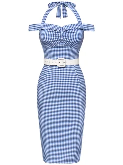 Hot Retro Stage 1960s Halter Off-Shoulder Plaid Pencil Dress Blue