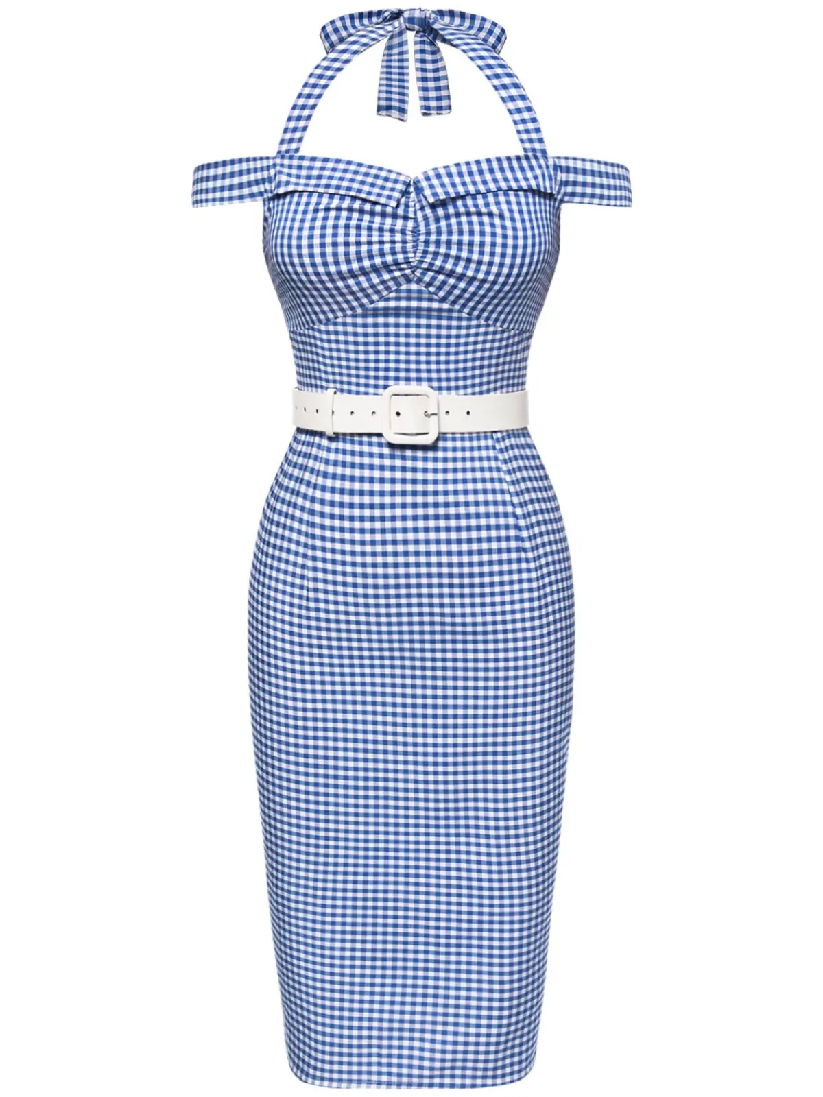 Hot Retro Stage 1960s Halter Off-Shoulder Plaid Pencil Dress Blue