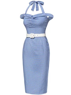 Hot Retro Stage 1960s Halter Off-Shoulder Plaid Pencil Dress Blue