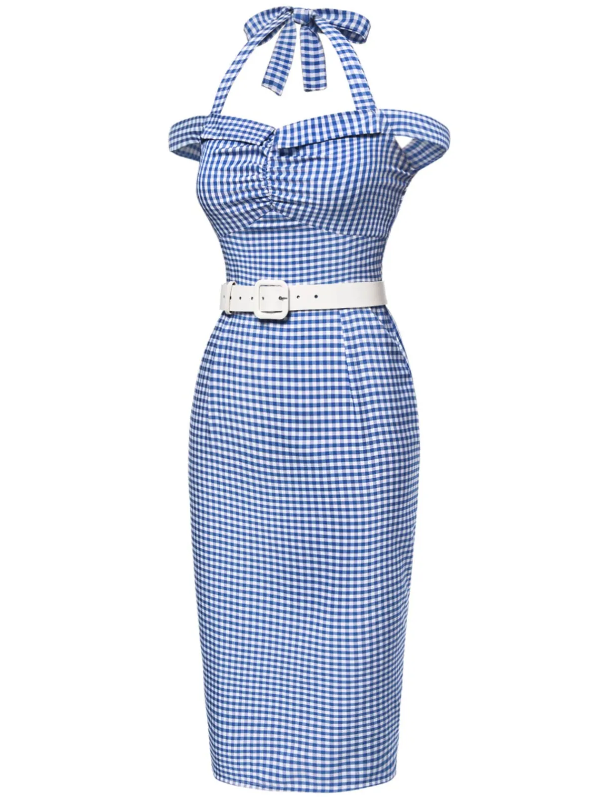 Hot Retro Stage 1960s Halter Off-Shoulder Plaid Pencil Dress Blue