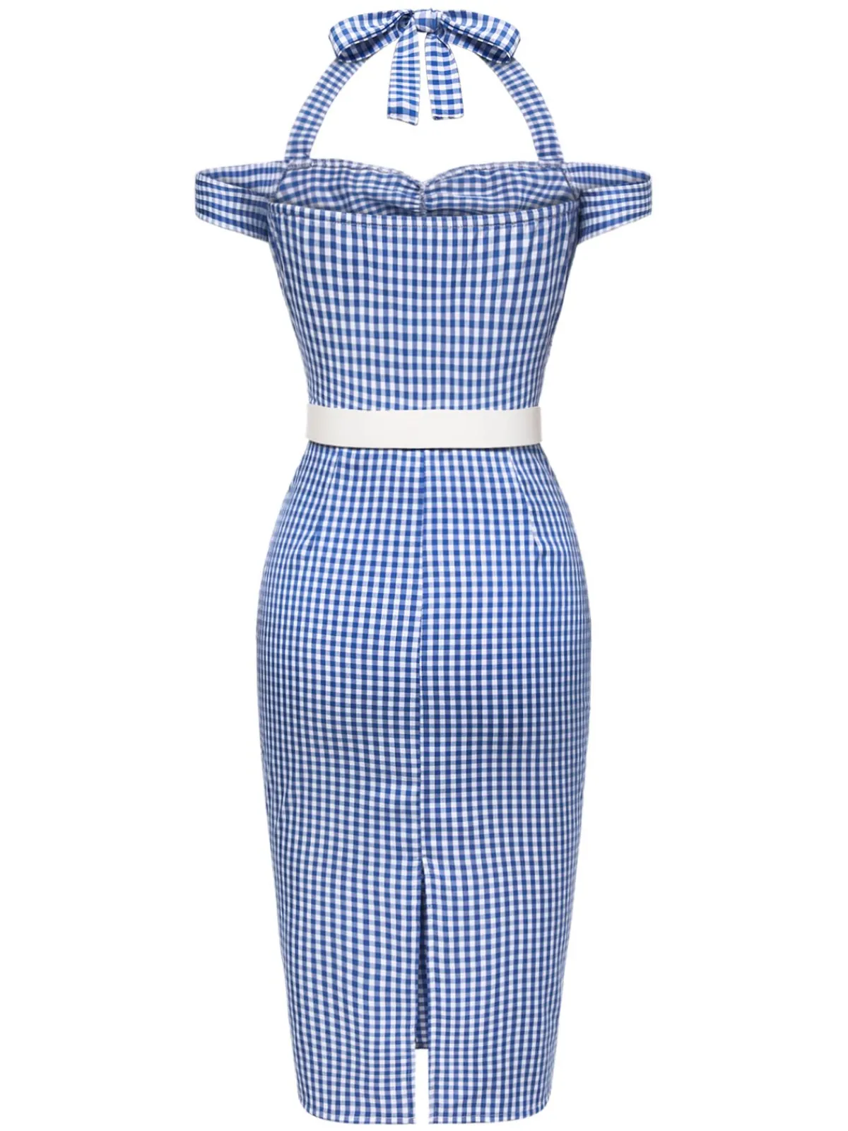 Hot Retro Stage 1960s Halter Off-Shoulder Plaid Pencil Dress Blue
