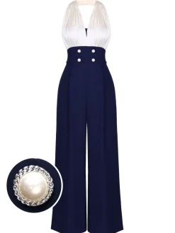 Fashion Retro Stage 1930s Halter Patchwork Jumpsuit Blue