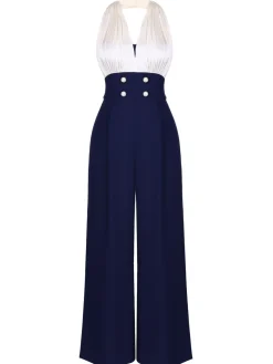 Fashion Retro Stage 1930s Halter Patchwork Jumpsuit Blue