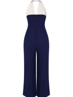 Fashion Retro Stage 1930s Halter Patchwork Jumpsuit Blue