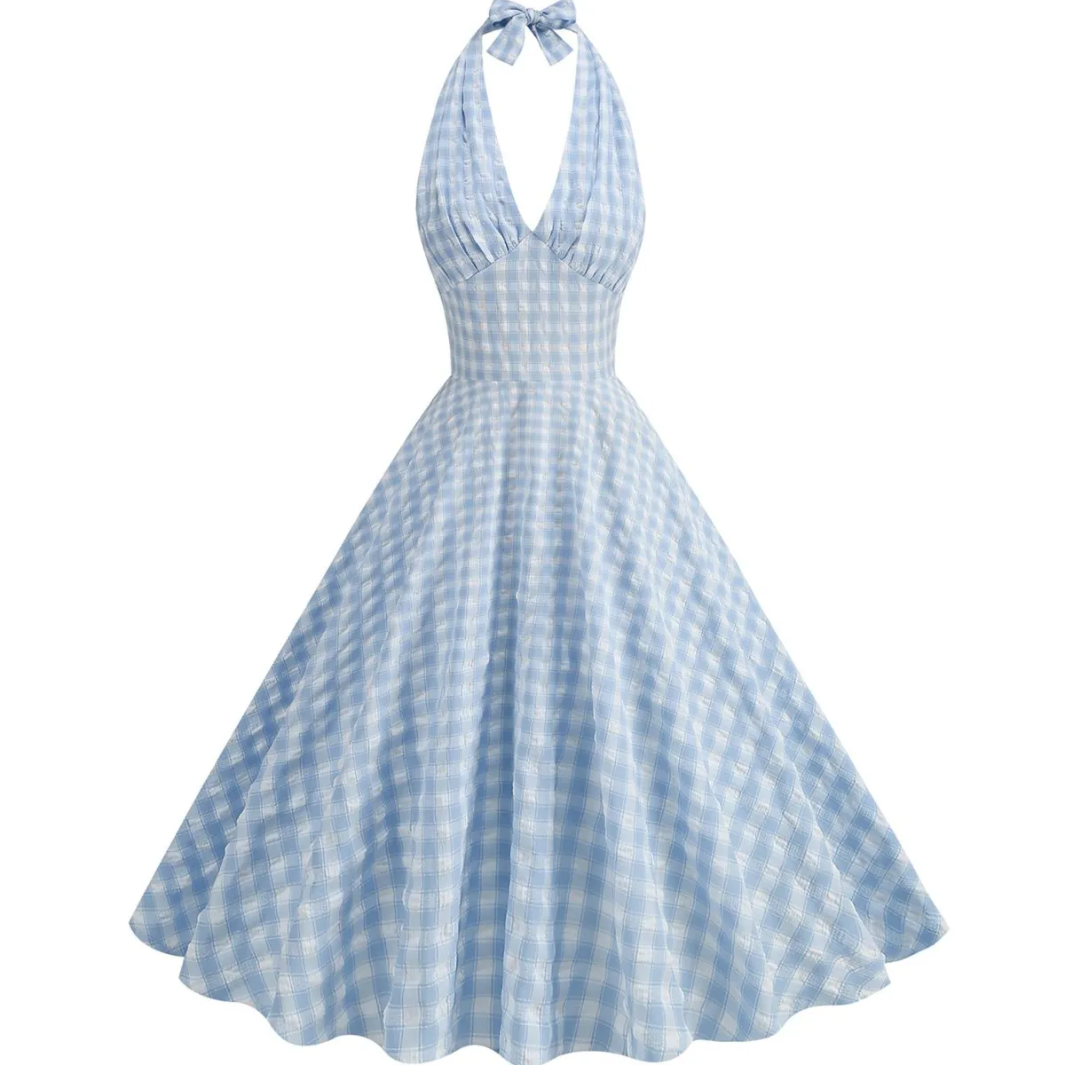 Discount Retro Stage 1950s Halter Plaid Swing Dress Blue