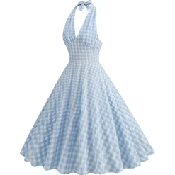 Discount Retro Stage 1950s Halter Plaid Swing Dress Blue