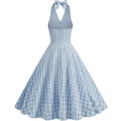 Discount Retro Stage 1950s Halter Plaid Swing Dress Blue