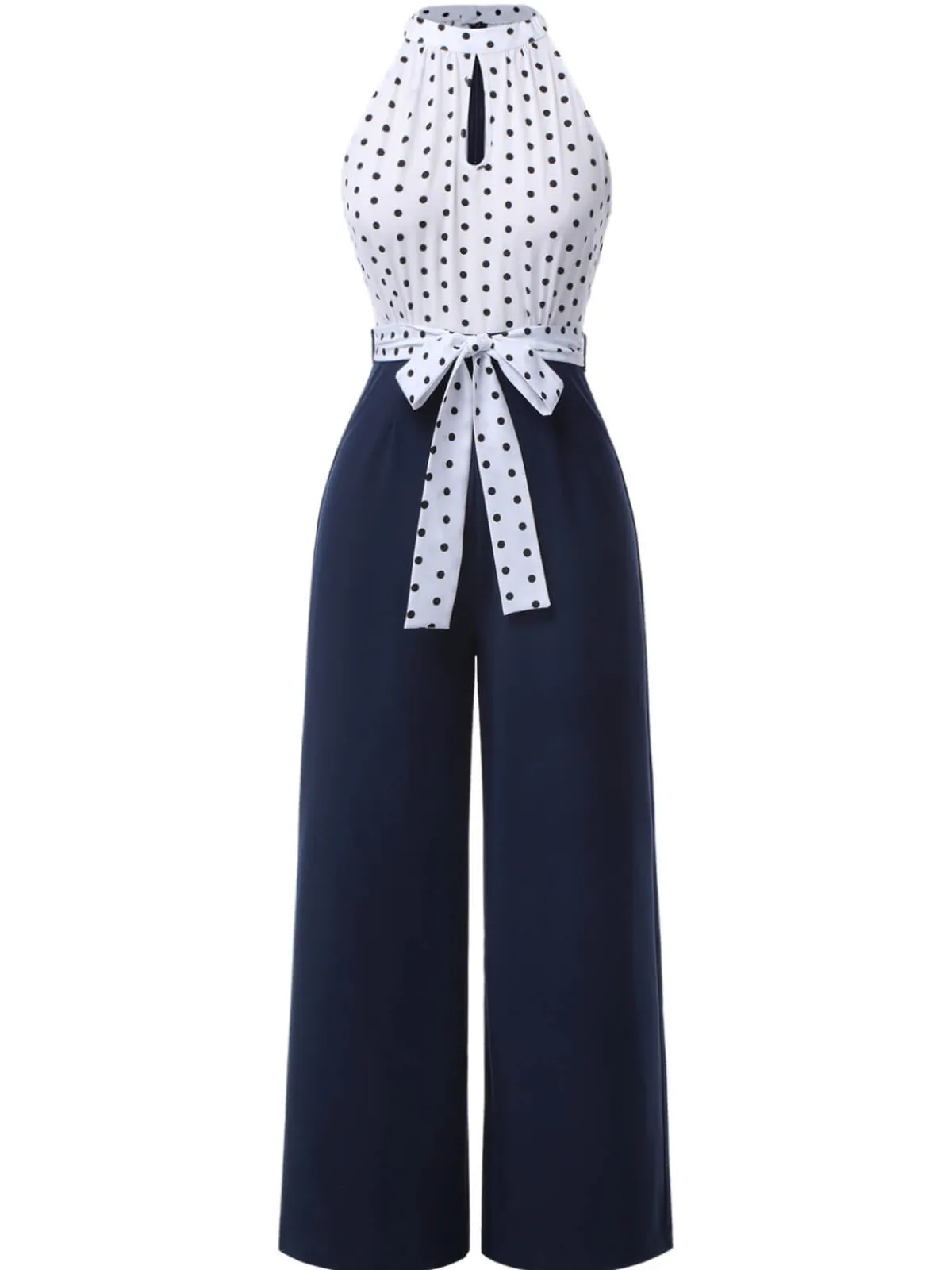 Online Retro Stage 1940s Halter Polka Dot Jumpsuit Blue