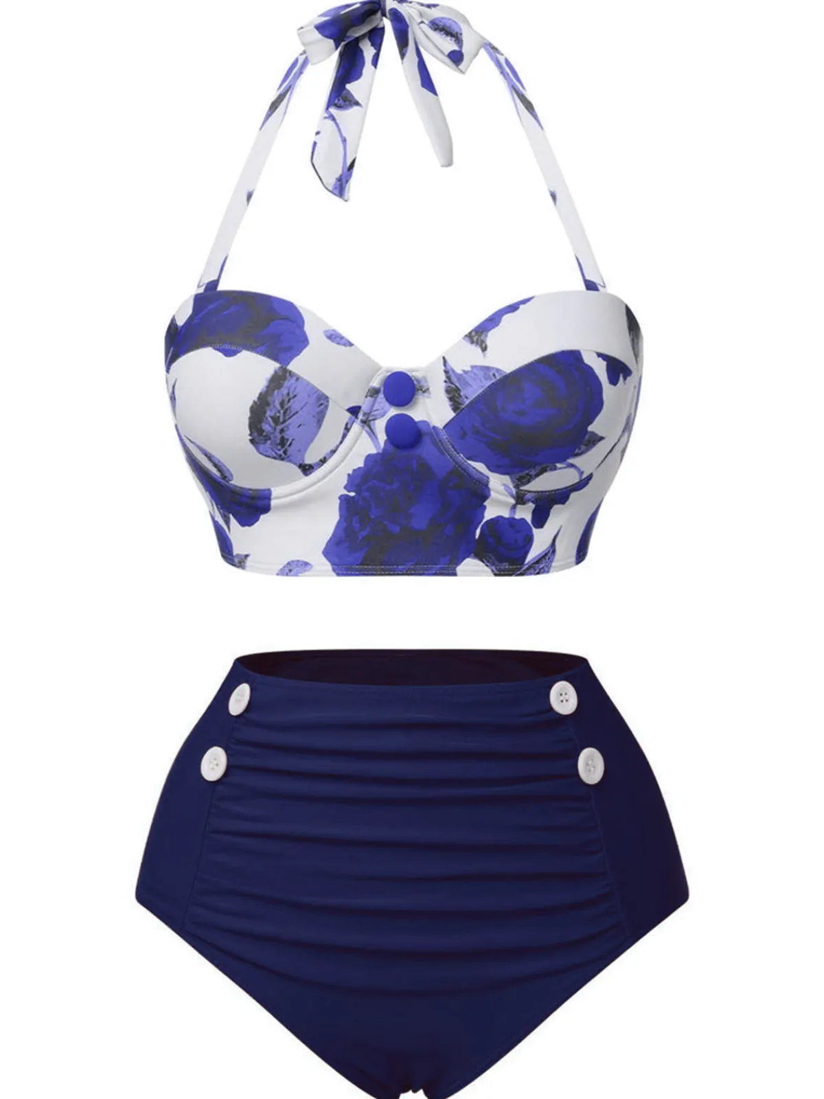 Sale Retro Stage Blue 1960s Halter Roses Swimsuit