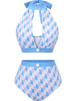 Discount Retro Stage 1940s Hole Collar Halter Swimsuit Blue