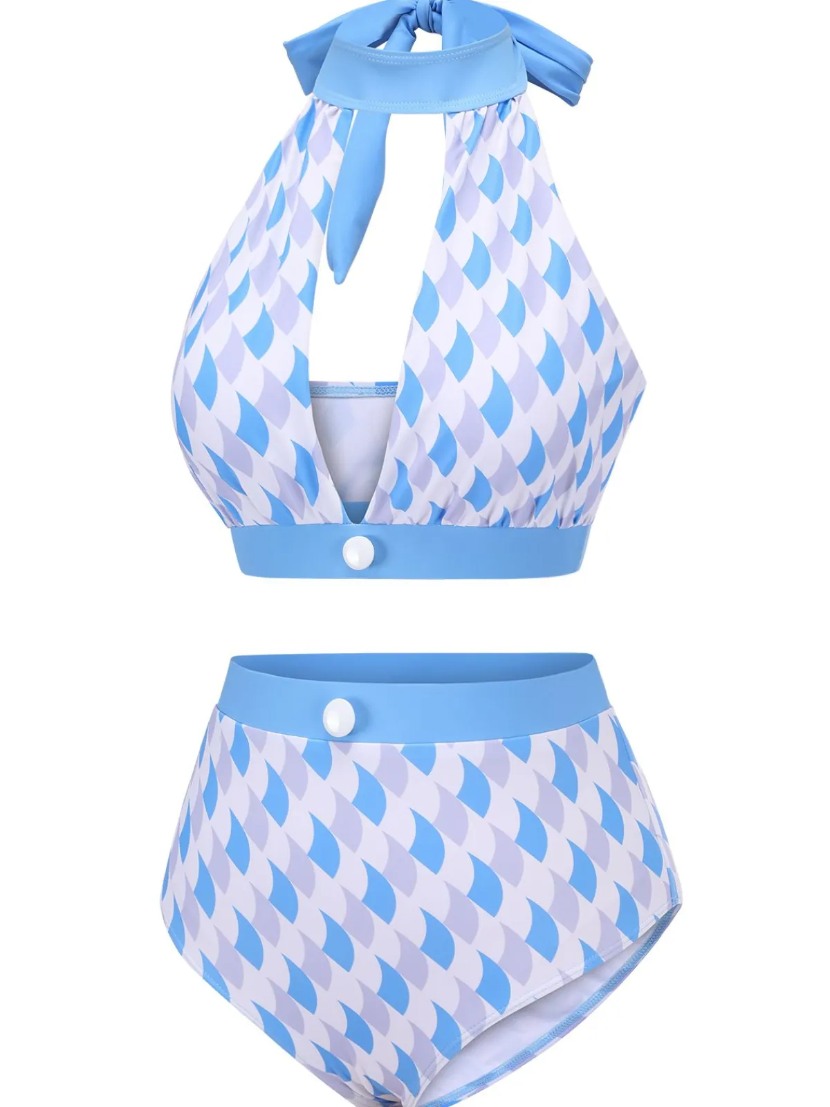 Discount Retro Stage 1940s Hole Collar Halter Swimsuit Blue