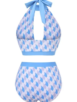 Discount Retro Stage 1940s Hole Collar Halter Swimsuit Blue