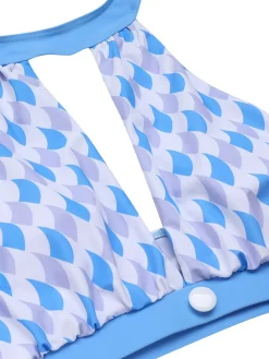 Discount Retro Stage 1940s Hole Collar Halter Swimsuit Blue