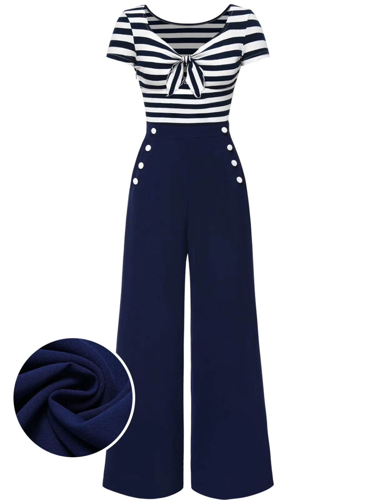 Hot Retro Stage Blue 1950s Hollow Bow Stripe Patchwork Jumpsuit