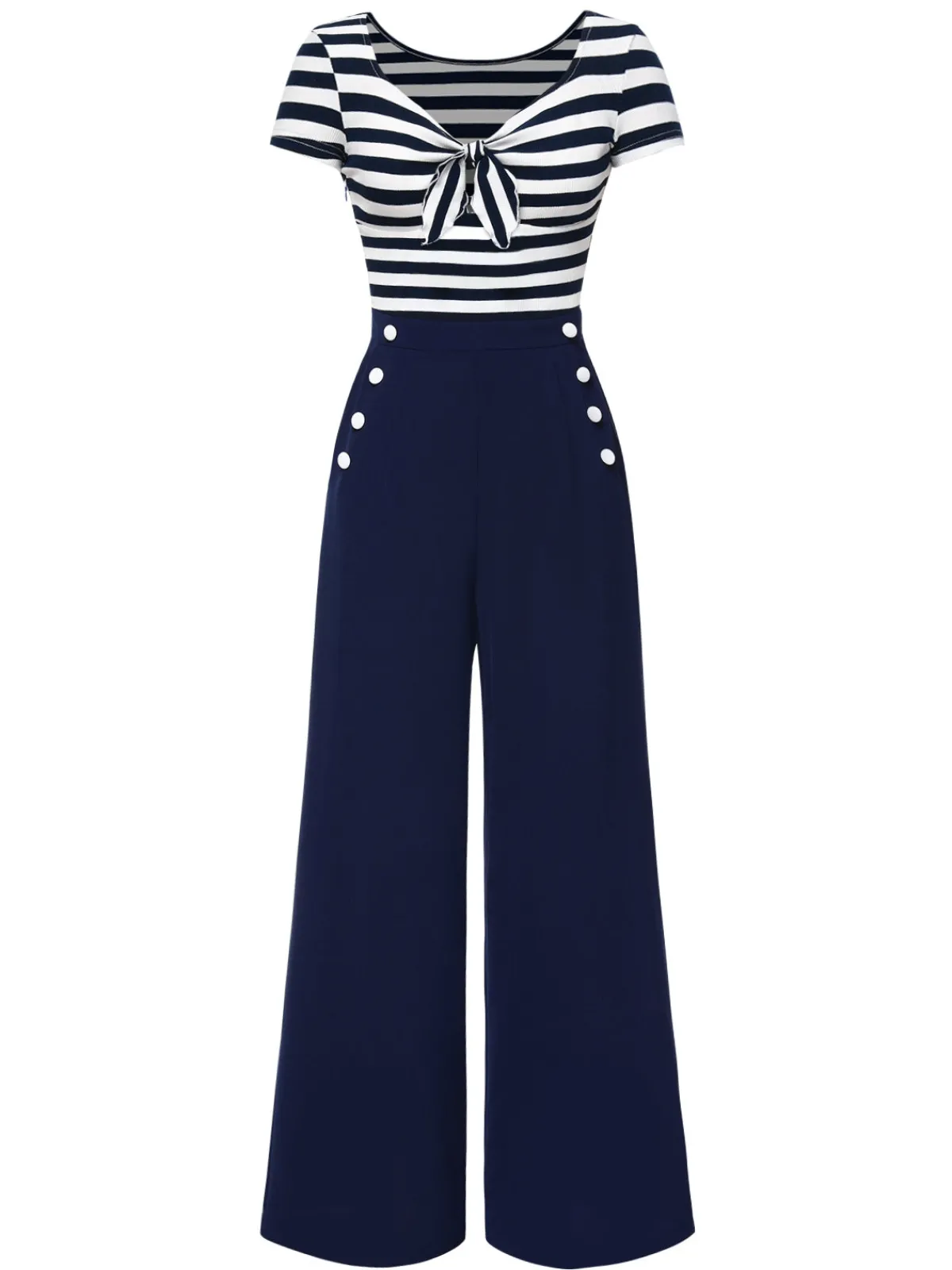 Hot Retro Stage Blue 1950s Hollow Bow Stripe Patchwork Jumpsuit