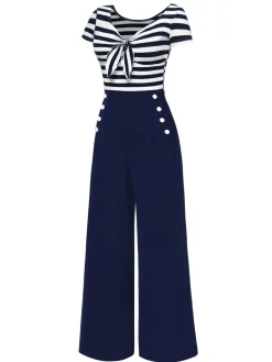 Hot Retro Stage Blue 1950s Hollow Bow Stripe Patchwork Jumpsuit