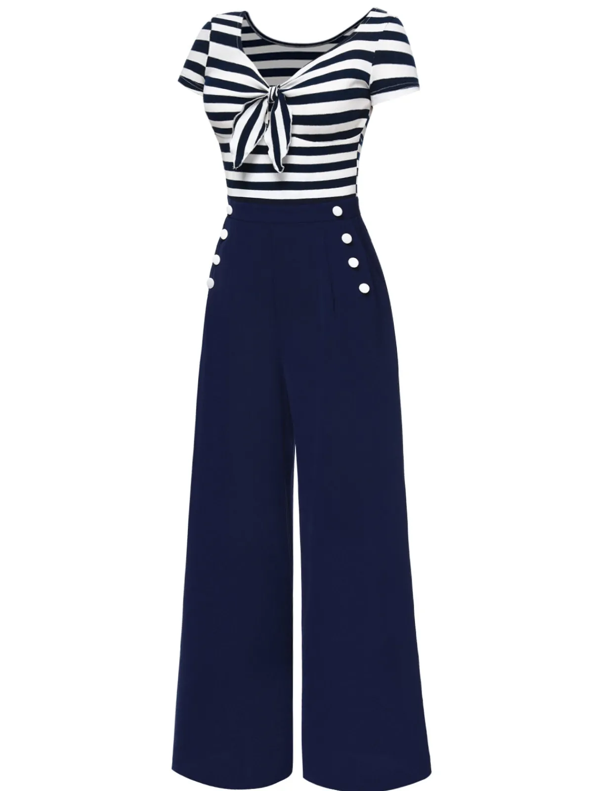 Hot Retro Stage Blue 1950s Hollow Bow Stripe Patchwork Jumpsuit