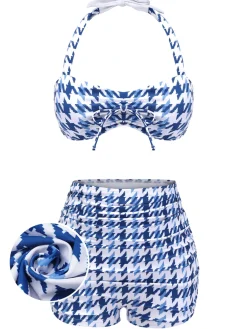 Clearance Retro Stage 1940s Houndstooth Bow Halter Swimsuit Blue