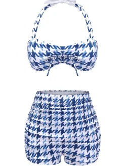 Clearance Retro Stage 1940s Houndstooth Bow Halter Swimsuit Blue