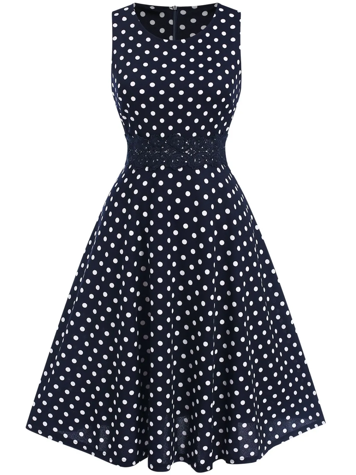 Clearance Retro Stage Blue 1940s Lace Patchwork Polka Dots Dress Deep Blue
