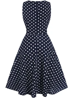 Clearance Retro Stage Blue 1940s Lace Patchwork Polka Dots Dress Deep Blue