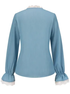 New Retro Stage 1950s Lace Trim Buttoned Blouse Blue