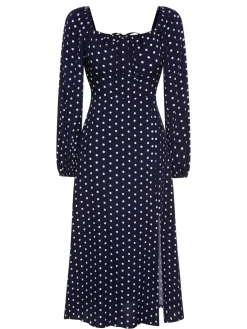 Hot Retro Stage 1940s Lantern Sleeve Polka Dots Dress Blue
