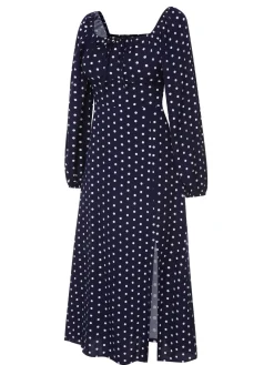 Hot Retro Stage 1940s Lantern Sleeve Polka Dots Dress Blue