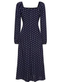 Hot Retro Stage 1940s Lantern Sleeve Polka Dots Dress Blue