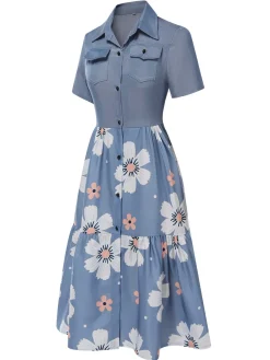 New Retro Stage 1940s Lapel Button Floral Dress Blue