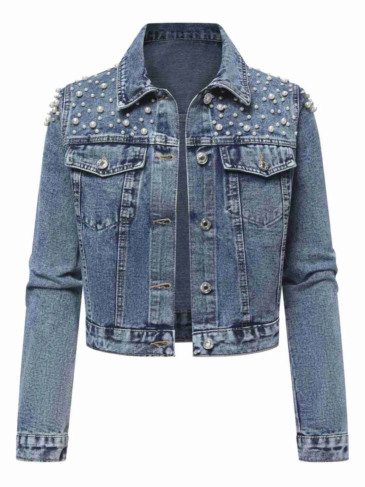 Sale Retro Stage 1950s Lapel Pearls Denim Short Coat Blue