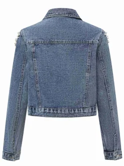 Sale Retro Stage 1950s Lapel Pearls Denim Short Coat Blue