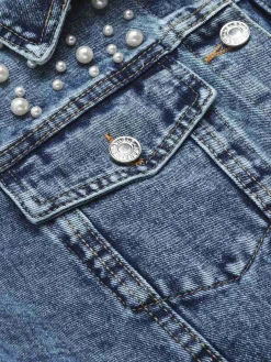 Sale Retro Stage 1950s Lapel Pearls Denim Short Coat Blue