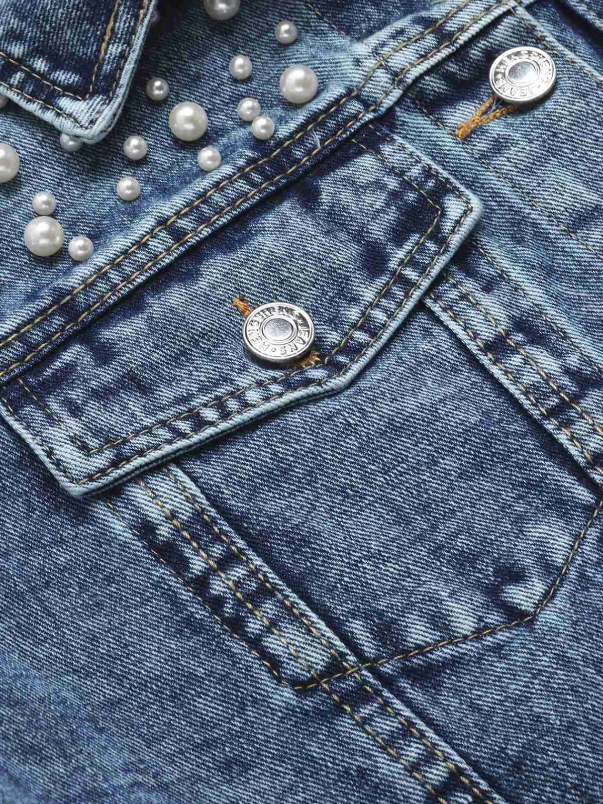 Sale Retro Stage 1950s Lapel Pearls Denim Short Coat Blue