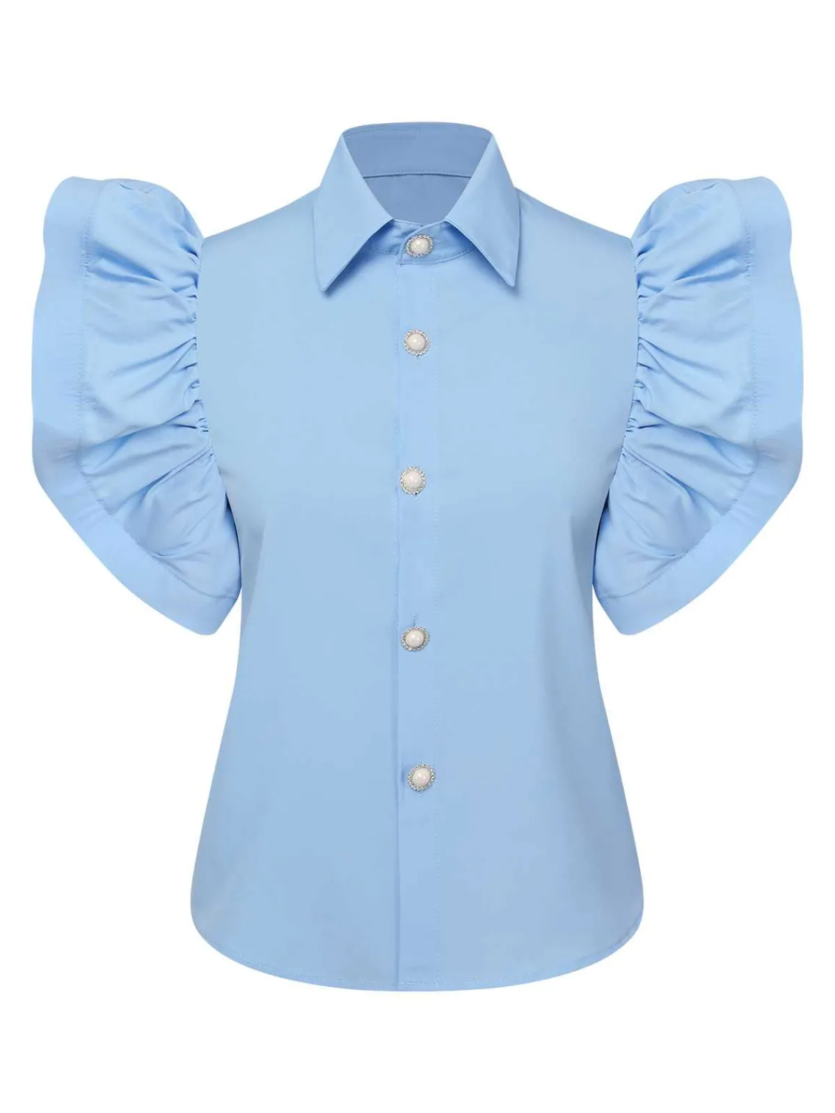 Sale Retro Stage Blue 1950s Lapel Ruffles Sleeve Solid Blouse