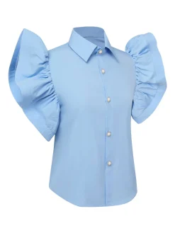 Sale Retro Stage Blue 1950s Lapel Ruffles Sleeve Solid Blouse
