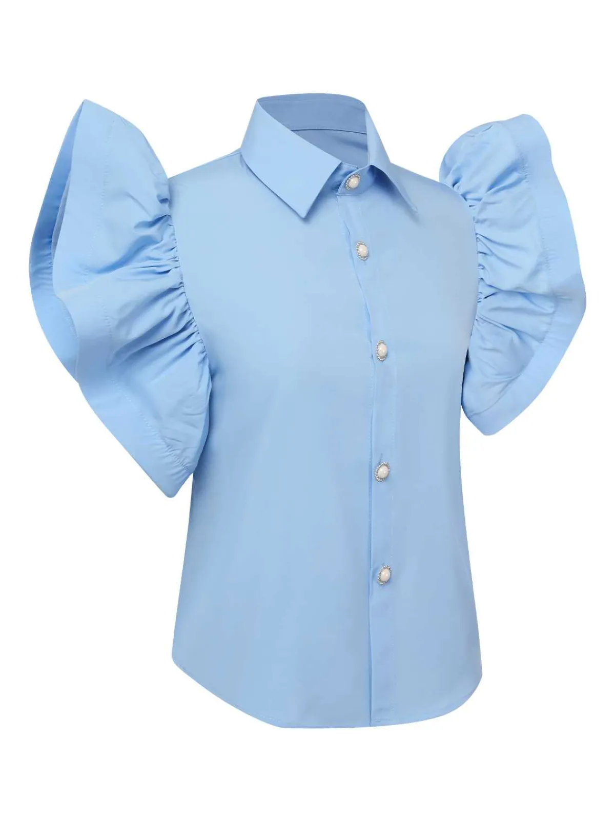 Sale Retro Stage Blue 1950s Lapel Ruffles Sleeve Solid Blouse