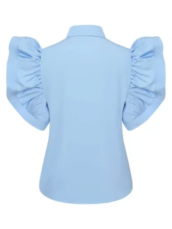 Sale Retro Stage Blue 1950s Lapel Ruffles Sleeve Solid Blouse