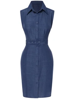 Sale Retro Stage 1960s Lapel Sleeveless Belted Dress Blue