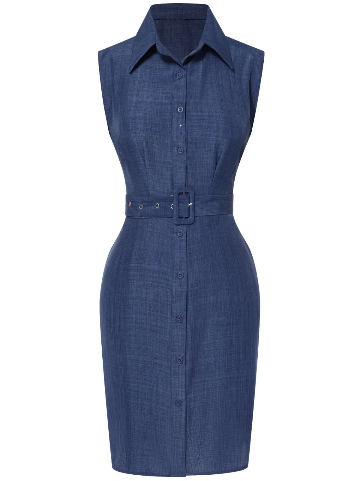 Sale Retro Stage 1960s Lapel Sleeveless Belted Dress Blue
