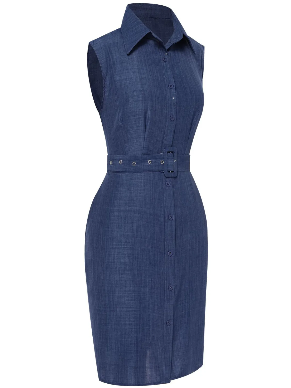Sale Retro Stage 1960s Lapel Sleeveless Belted Dress Blue