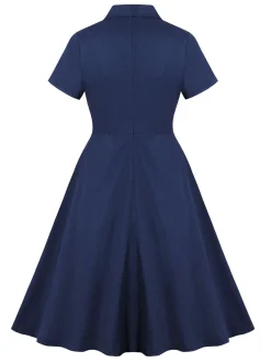 Fashion Retro Stage Blue 1950s Lapel Waist-Tie Cotton Dress Dark Blue
