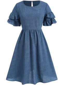 Clearance Retro Stage 1940s Layered Ruffle Sleeve A-Line Dress Blue