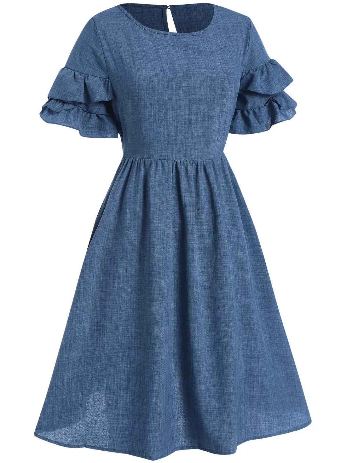 Clearance Retro Stage 1940s Layered Ruffle Sleeve A-Line Dress Blue